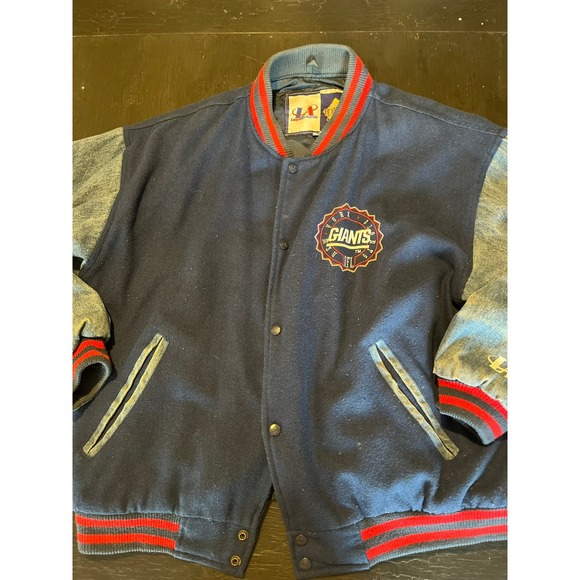 New York Giants‎ NFL Logo Athletic Varsity Jacket Mens XL Blue Red Denim Sleeves